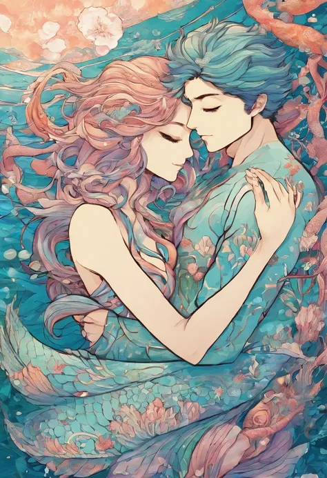 A pisces merman and cancerian woman, with crabshell skin hugging and kissing