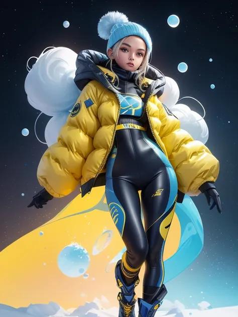 A stylish one-woman design space background of winter down jacket full of bubbles and fluffy feeling Cyberpunk, yellow sea blue , fashion, trendy, nike logo, corona rendering) space winter down jacket concept , concept art design, 8K, , fashion elements, Y...