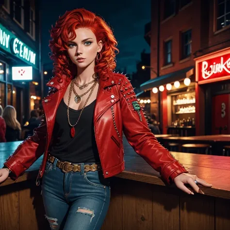 30 year old girl in red jacket with spikes curly red hair with punk hairstyle blonde fringe blue jeans green eyes chain necklace looking straight at the viewer on a background of a night bar 