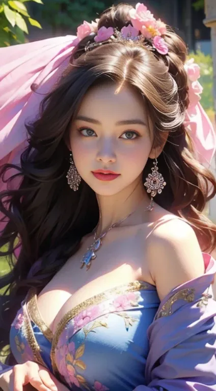 (highest quality,4k,8K,High resolution,masterpiece:1.2),Super detailed,(now,realisticに,realistic:1.37),girl in a luxurious blue dress,eyes were shining with joy, her lips were slightly curved，優しいsmileを見せる. The sun casts a warm golden light on her face, Com...