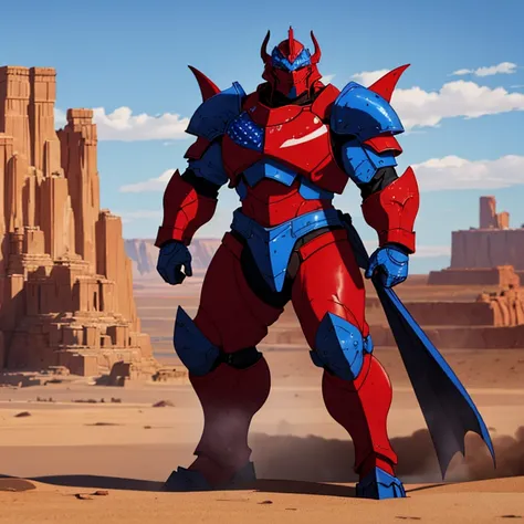 Heavy armored man, armor similar to a dragon, color scheme red white and blue, patriotic, located in a desert.