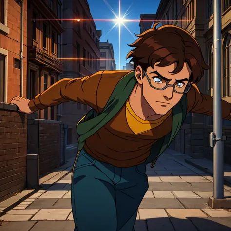 Young man, 20s, brown hair, goggles, laser beam eyes, street clothes, located in a university.