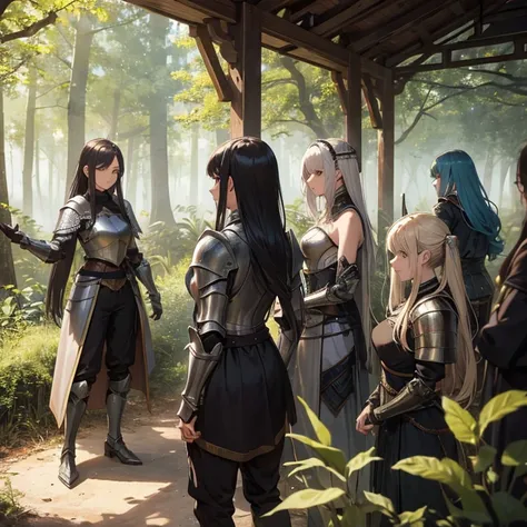 A group of  female knights, (in forest), various hair styles, metal armor, harem, trousers, seducing, detailed face