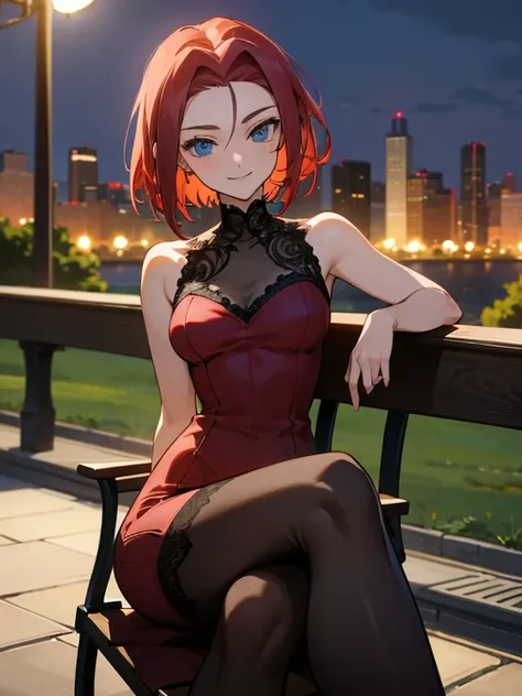 kallen stadtfeld, blue eyes, red hair, short hair,, pantyhose, tight short sleeveless dress, lace, smile, bench, central park at night, cowboy shot, sitting, crossed legs, highly detailed, HD, 4K, Masterpiece, highres