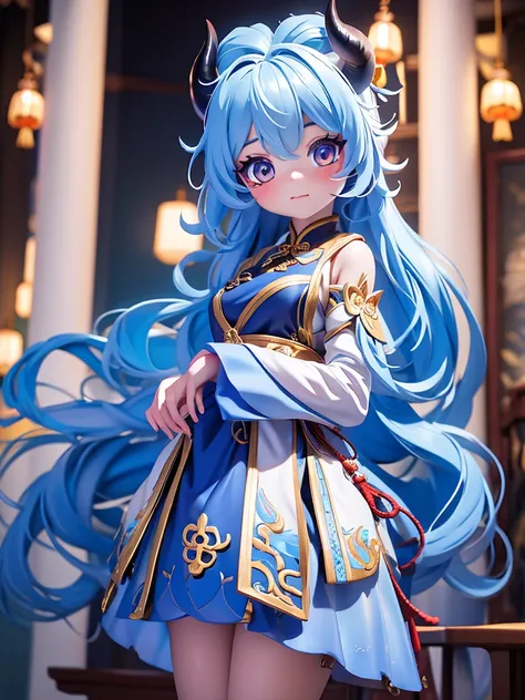 highest quality,8K,masterpiece:1.2)a bit ,amazing,gorgeous chinese girl,detailed skin details,bright eyes,Gorgeous eyelashes,independent,looking at the audience,waist,Kirin、light blue hair、long hair、has horns on its head、whole body)