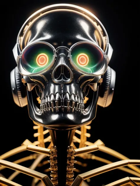 A stunning illustration of an evil neural network organism,headphones, superior artificial intelligence,half of the face is robotic skeleton,stunning facial details, sun glasses,45 degree angle of view,elegant,electro,(composition{[leading_lines][rule_of_t...