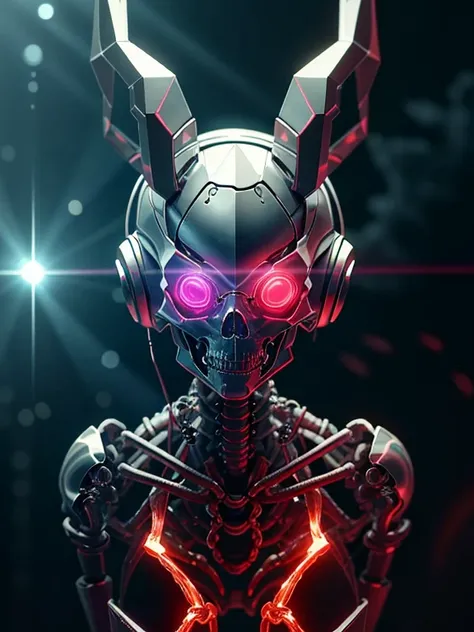 A stunning illustration of an evil neural network organism,headphones, superior artificial intelligence,half of the face is robotic skeleton,stunning facial details, sun glasses,45 degree angle of view,elegant,electro,(composition{[leading_lines][rule_of_t...