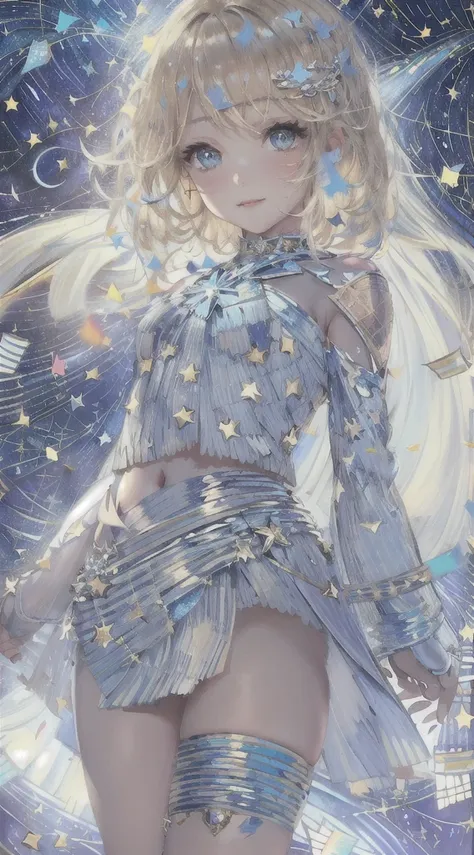 wlop, aeolian,Smile, Mini skirt, Blonde hair,(Starry Night Sky, Confetti background:1.5)), ethereal glowing, arching back, navel, Thighs, close-up face, Ultra detailed, finedetail, Detailed eyes and face, Sharp pupils, Realistic pupils, (Light blue and whi...