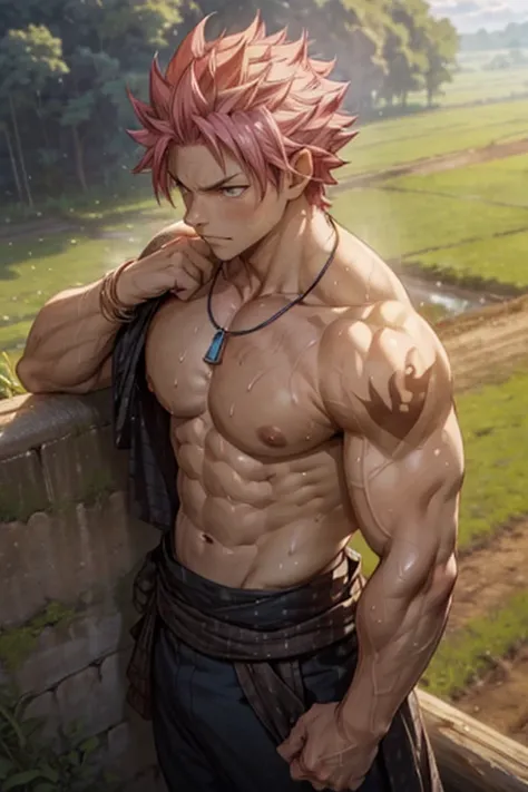 Top view of muscular handsome Natsu Dragneel naked shirtless muscular fit body sweating in the field tilling farmland with a hoe wearing white gloves and black pants wiping off his sweat. The bright sun is causing him to sweat profusely making his muscular...