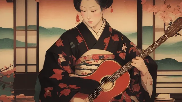 An arafe woman wearing a kimono playing the guitar in front of the window, inspired by Itō Shinsui, Japanese art style, classical Japanese art, traditional Japanese art, In the art style of Ukiyo-e, Japanese art, Inspired by Shoen Uemura, japanese geisha, ...