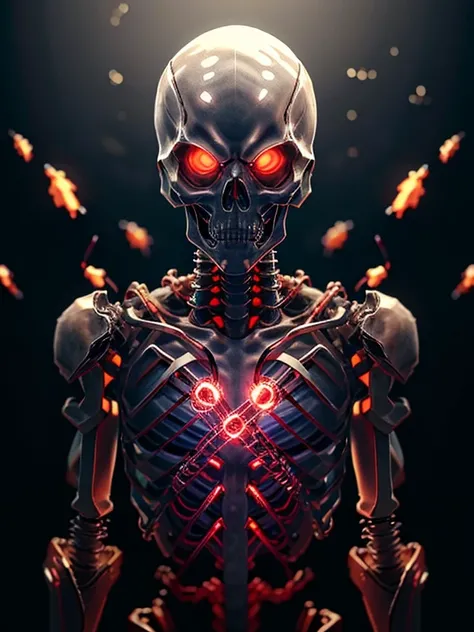 cyber skeleton: Draw a skeleton with cybernetic elements, como fios e circuitos, incorporating it into the word "Halloween"