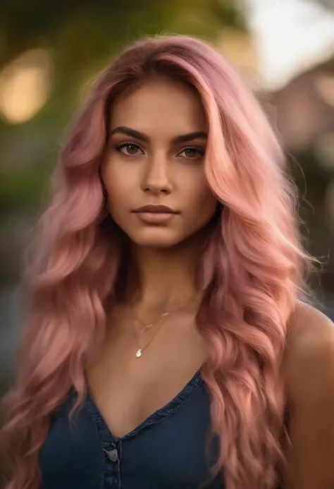 A photorealistic portrait of a 21-year-old colombian girl with long, flowing pink hair and striking dark eyes. She should have a natural, approachable expression and be illuminated by soft, golden-hour sunlight. The background should be a scenic outdoor se...