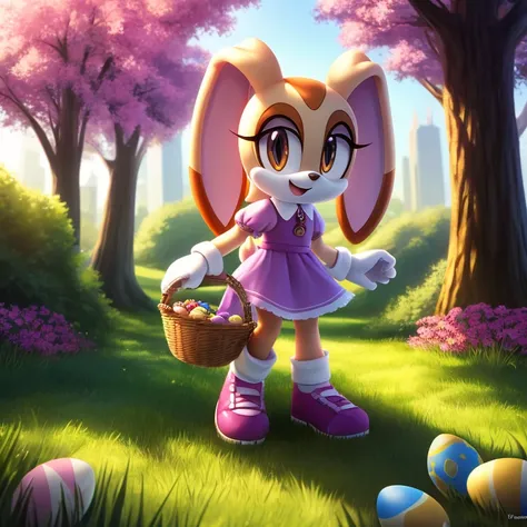 (best quality,4k,highres,masterpiece:1.2),studio lighting,ultra-detailed,realistic,1girl,cream the rabbit,beautiful detailed eyes,beautiful detailed lips,long eyelashes,dressed in a cute pastel dress and a bow,holding a colorful basket,searching for Easter...