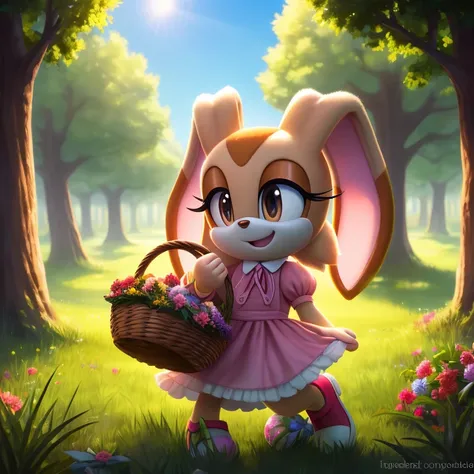 (best quality,4k,highres,masterpiece:1.2),studio lighting,ultra-detailed,realistic,1girl,cream the rabbit,beautiful detailed eyes,beautiful detailed lips,long eyelashes,dressed in a cute pastel dress and a bow,holding a colorful basket,searching for Easter...