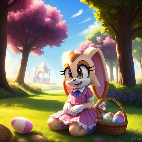 (best quality,4k,highres,masterpiece:1.2),studio lighting,ultra-detailed,realistic,1girl,cream the rabbit,beautiful detailed eyes,beautiful detailed lips,long eyelashes,dressed in a cute pastel dress and a bow,holding a colorful basket,searching for Easter...