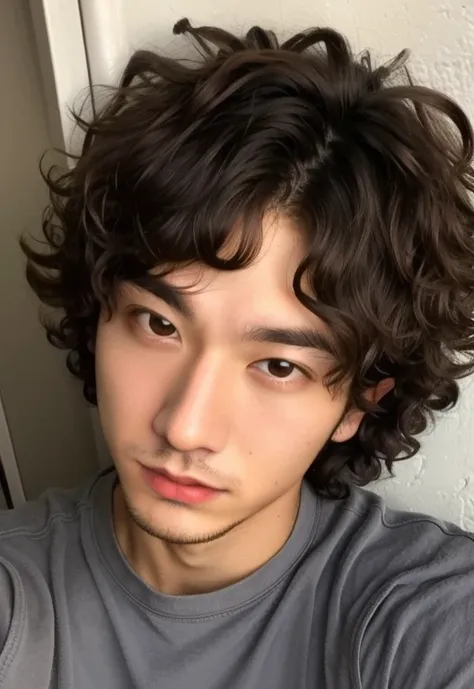 a close up of a young man with a curly haircut, headshot profile picture, finn wolfhard, he has short curly brown hair, curly middle part haircut, yuya nagai, halfbody headshot, macoto takahashi, (dark shorter curly hair), curly and short top hair, messy c...