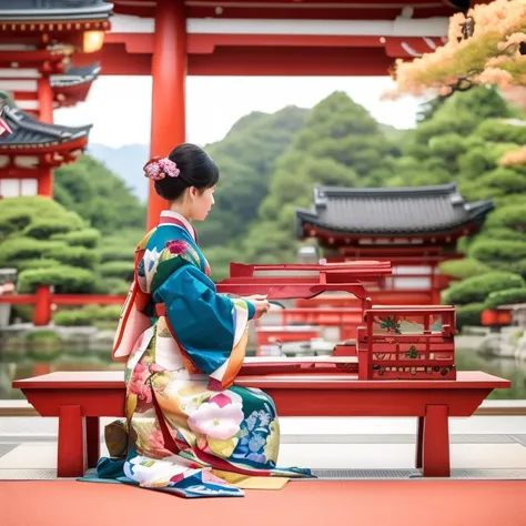 A woman wearing a kimono is sitting on a bench in front of the tower, traditional japanese, Japanese heritage, traditional japanese colors, ancient japanese, japanese woman, elegant japanese woman, traditional geisha costume, Japanese skilled geisha, Aesth...