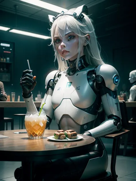 ia robots sit around a table with food and drinks, the robot wearing the bone crown, androids, rankin, cinematic still 