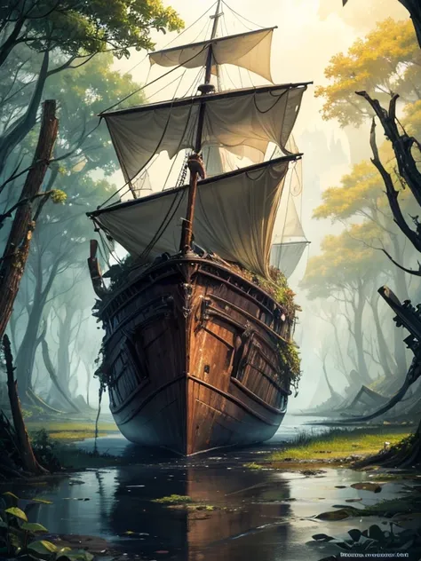 ship wrecked in the swamp,  ultra quality, 16:9, Ultra HD, HDR, 8K, High-Detailed
