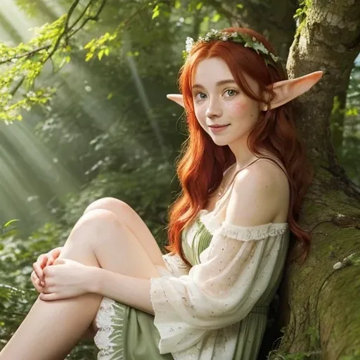 oil painting,a red-haired elf with freckles, a neckline, a small dimple on her chin and long wavy hair, sitting at ease on a fallen tree in her native dense green forest in a bright summer dress, with a slight smile, next to an unusual tabby big cat with t...