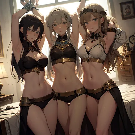 A group of  female knights, (in bedroom), various hair styles, harem, beautiful leg, midriff, metal armor, showings off armpits, seducing, bdsm, 