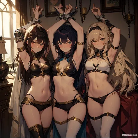 A group of  female knights, (in bedroom), various hair styles, harem, beautiful leg, midriff, metal armor, showings off armpits, seducing, bdsm, 