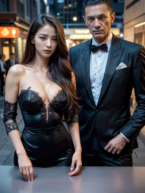 original photo，(best quality, high resolution, on the table:1.2), Super detailed details, (actual, Realism:1.3), Inspired by the 007 movie，A beautiful and handsome couple wearing formal clothes standing on the street at night, Seductive atmosphere, Threate...