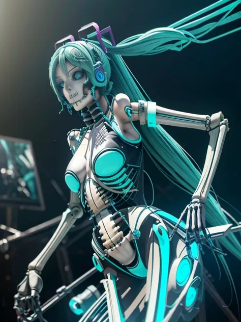 a bad miku hatsune in a futuristic suit with a ((skeleton body)), ((which it integrates)), cybernetic, cyberpunk crystal art, an...