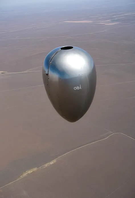 un objet volant, ovoid shaped, metal color, piloté par une IA est stationnaire au dessus d un désert parcouru par des vents violents sur une brûlante planète lointaine dans un ciel nuageux parcouru de violents eclairs de foudre .