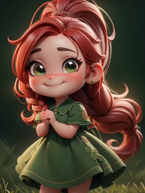 1 girl，8k, facial close-up，cute smile, red hair, correct anatomy, look to the viewer, braided ponytail, green dress, UHD, masterpiece, high details, highres, ((outdoor background))，detailed background，((cute chibi style))，long eyelashes and rosy cheeks，Hap...