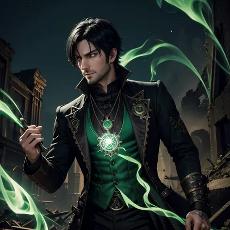 30-year-old man arcane magician Green and black steampunk clothing with arcane symbol necklaces black pants black hair green eyes with a green flame in his hand looking straight at the viewer background of ruins at night 