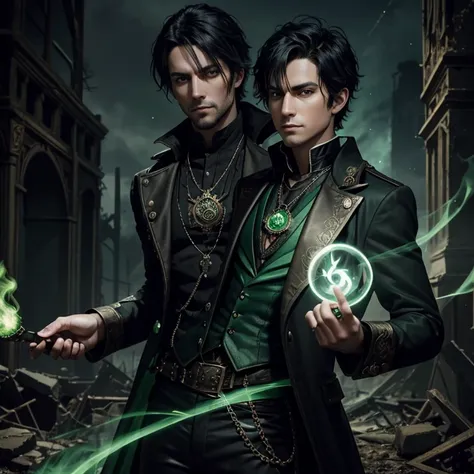 30-year-old man arcane magician Green and black steampunk clothing with arcane symbol necklaces black pants black hair green eyes with a green flame in his hand looking straight at the viewer background of ruins at night 