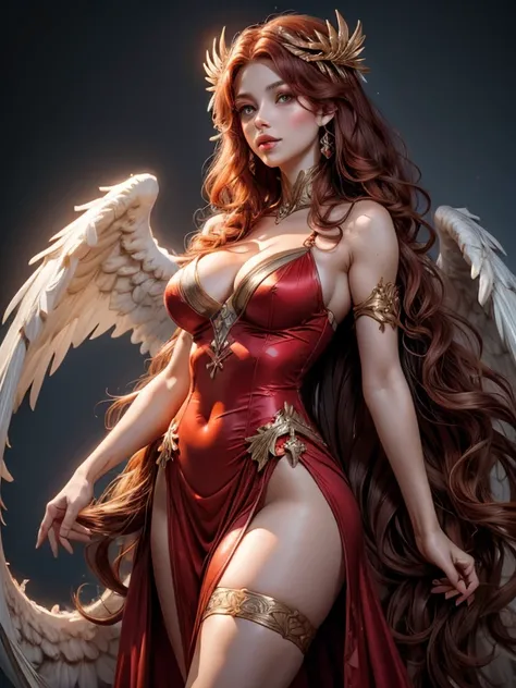 (best quality,8k:1.2,high resolution:1.2),ultra-detalhado,Realistic,vintage godess female,long red curly hair,rosto extremamente detalhados,long eyelashes,big angel wings,soft dark red dress with gold details,cleavage,suntan pantyhose,metalic accessories,P...