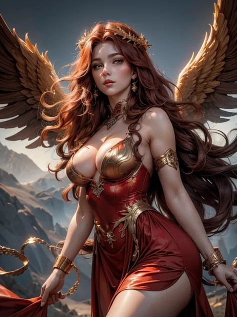 (best quality,8k:1.2,high resolution:1.2),ultra-detalhado,Realistic,vintage godess female,long red curly hair,rosto extremamente detalhados,long eyelashes,big angel wings,soft dark red dress with gold details,cleavage,suntan pantyhose,metalic accessories,P...