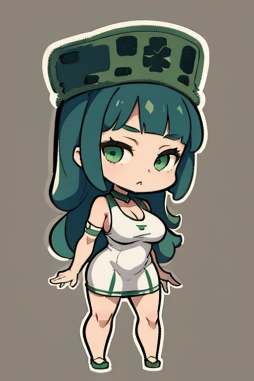 obra de arte, Melhor qualidade, chibi, fundo branco, fundo simples slim3, pele verde, Garota gosmenta, green hat, vestido verde, Wariza, olhando para o espectador, confuso, Full body big breasts standing