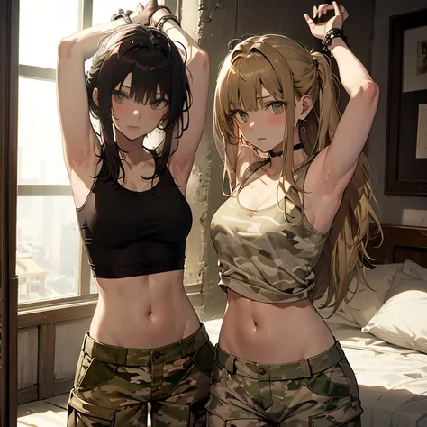 a group of  female soldiers, (in bedroom), various hair styles, tank top, harem, beautiful leg, midriff, camouflage military tro...