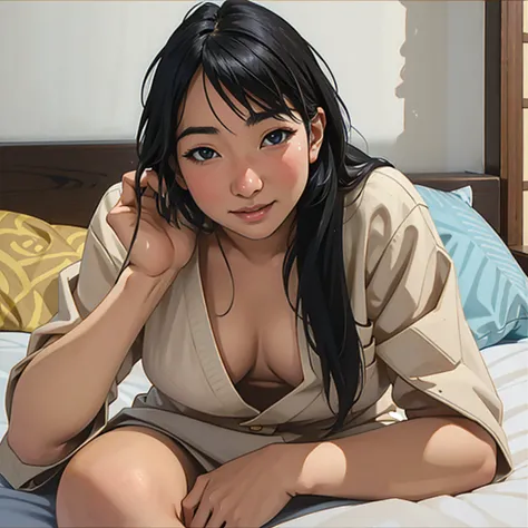 Risa, black haired japanese girl, sitting in bed , cute, beautiful, realistic style, highly detailed, 4k, look at camera, face close-up, (NUDE), highly detailed face, seductive