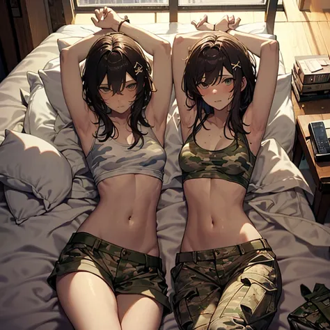 A group of  female soldiers, (in bedroom), various hair styles, tank top, harem, beautiful leg, midriff, camouflage military trousers, showings off armpits, seducing, bdsm, bukkake 