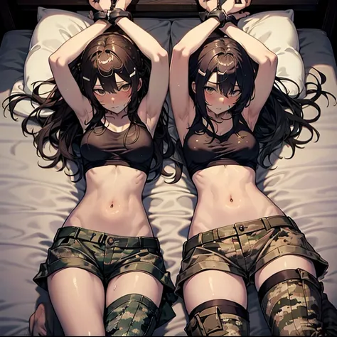 A group of  female soldiers, (in bedroom), various hair styles, tank top, harem, beautiful leg, midriff, camouflage military trousers, showings off armpits, seducing, bdsm, bukkake 