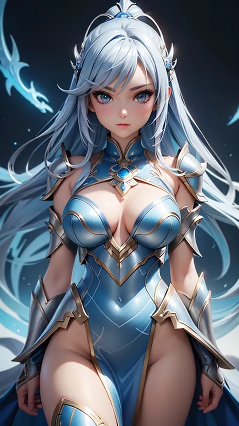 a close up of a woman in a silver and blue dress, chengwei pan on artstation, by Yang J, detailed fantasy art, stunning character art, fanart best artstation, epic exquisite character art, beautiful armor, extremely detailed artgerm, detailed digital anime...