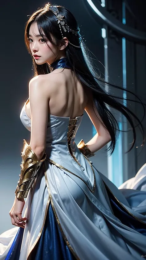 a close up of a woman in a silver and blue dress, chengwei pan on artstation, by Yang J, detailed fantasy art, stunning character art, fanart best artstation, epic exquisite character art, beautiful armor, extremely detailed artgerm, detailed digital anime...