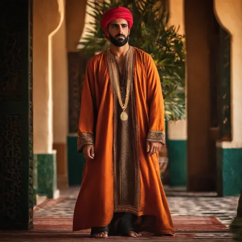 Arab man, 35 anos, ajoelhado de frente pra foto, olhando fixamente pra frente, olhar misterioso, Arabic characteristic clothing.