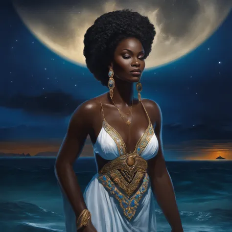 Mitologia Africana. Mulher negra bonita (qualidade de foto), 35 anos, emerging from the waters of the sea (relista), com roupas africana de cor azul e branco. Moonlight night scene