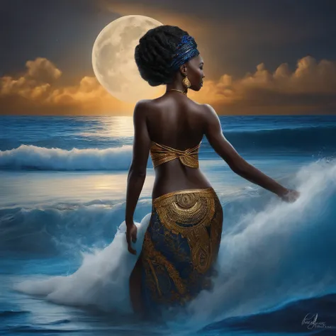 Mitologia Africana. Mulher negra bonita (qualidade de foto), 35 anos, emerging from the waters of the sea (relista), com roupas africana de cor azul e branco. Moonlight night scene