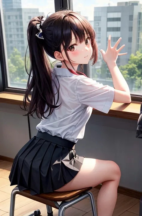 《Again：zero》rum， 1 girl， solo， （（white shirt））， black rhinoceros， ， office background， black skirt， pleated skirt， office room，， Hair accessories x，A pink-haiAgaind， solo，（（master piece））， Sit by the window and enjoy the view， Chair， student desk， computer...