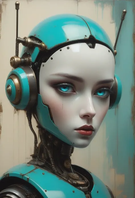 Full length view. Little funny robot, porcelain face and head, big turquoise eyes, perfect eyes, top quality style. A beautiful cinematic impressionistic picture, a dark dramatic character, in the style of Jeremy Mann and Charles Dana Gibson, Mark Demstede...