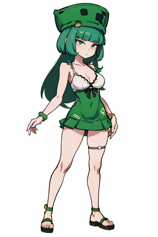 obra de arte, Melhor qualidade 8k, uma mulher de 18 anos , fundo branco, fundo simples slim3, pele verde, Garota gosmenta, green hat, vestido verde, Wariza, olhando para o espectador, confuso, Seios grandes, Full body standing, wearing panties and bra, na ...