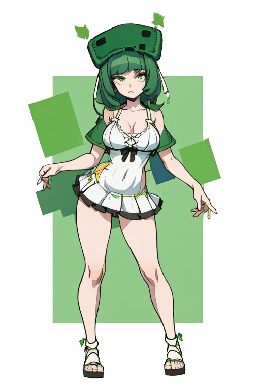 obra de arte, Melhor qualidade 8k, uma mulher de 18 anos , fundo branco, fundo simples slim3, pele verde, Garota gosmenta, green hat, vestido verde, Wariza, olhando para o espectador, confuso, Seios grandes, Full body standing, wearing panties and bra, na ...