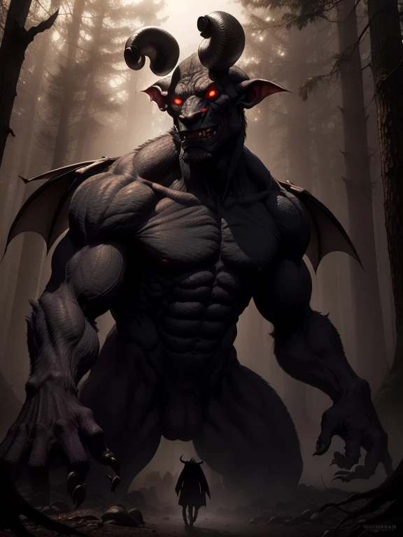 outdoors, forest, mist,nosferatu zodd stalk betwen trees, demon form, two big horn, mad, wings