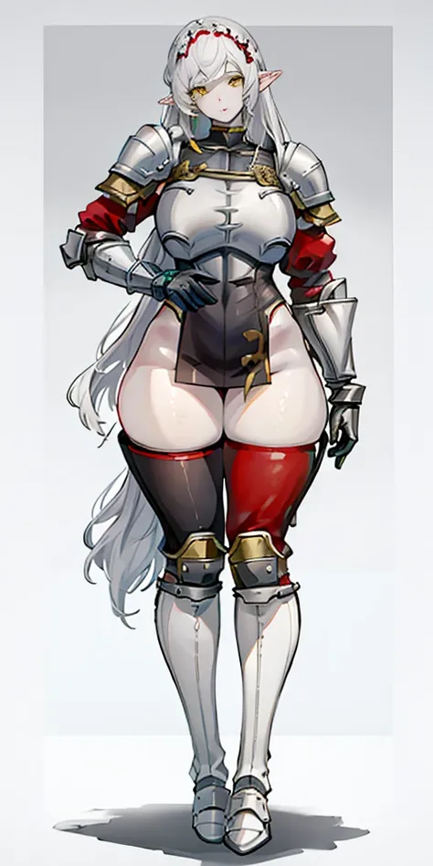 masterpiece, best quality, high quality, 1solo white SKIN elf, long hair, white hair, yellow eyes, full body, def_effie, blue breastplate, looking at viewer, shiny,armor, thighhighs, high boots,shoulder armor, faulds, poleyn, gloves, gauntlets